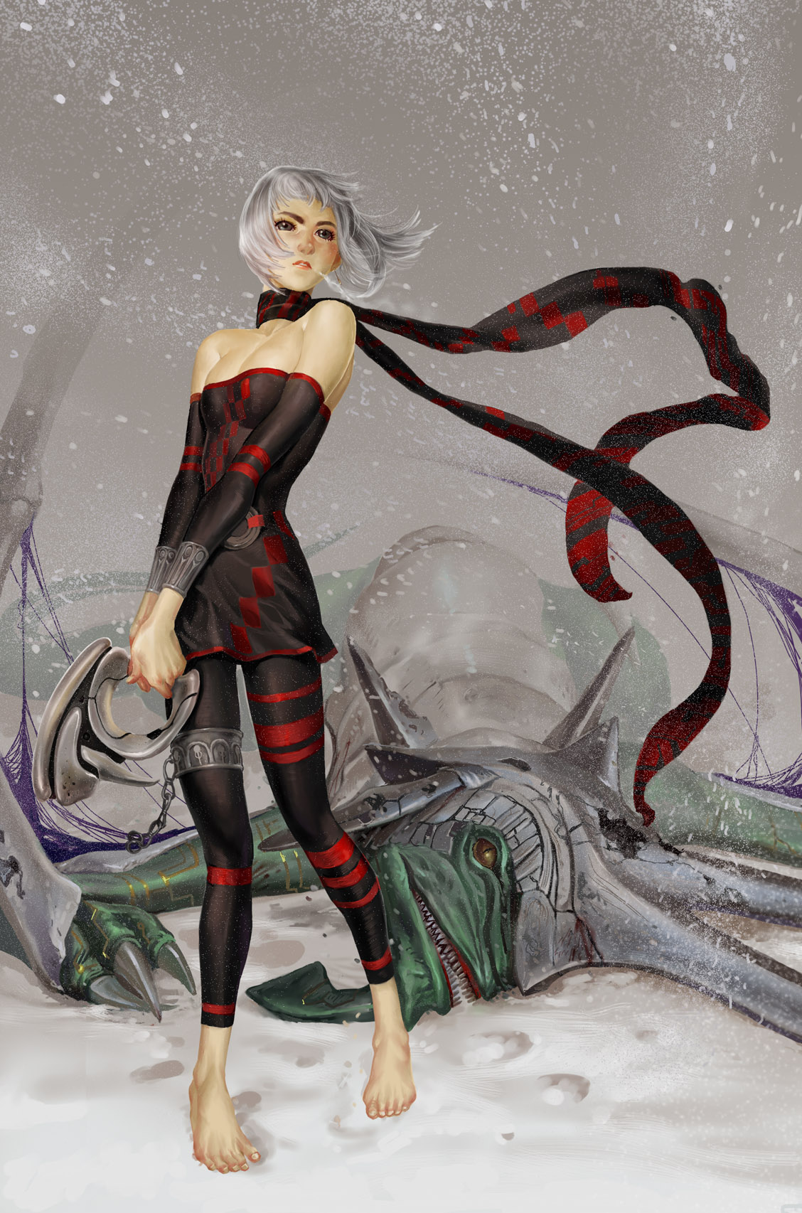 fujiwara hisashi, orta, panzer dragoon, panzer dragoon orta, sega, silver hair, highres, 1girl, bare shoulders, barefoot, black eyes, blood, blush, breasts, capri pants, chain, cleavage, cold, detached sleeves, dragon, dress, elbow gloves, feet, female focus, gloves, gun, large breasts, legs, lips, pants, scarf, short hair, snow, solo, strapless, strapless dress, tube dress, weapon