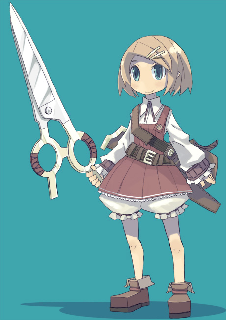 ccru, cocorou, original, bad id, bad pixiv id, 1girl, artistic error, blonde hair, bloomers, blue eyes, dress, female focus, hair ornament, hairclip, scissors, short hair, solo, underwear
