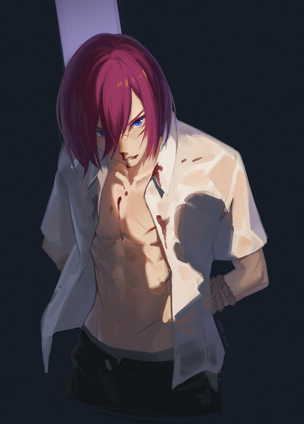 8083 blue, saegusa ibara, ensemble stars!, commentary request, highres, 1boy, arms behind back, blood, blood on chest, blood on face, blue eyes, bound, bound wrists, male focus, navel, nosebleed, open clothes, open shirt, red hair, shirt, short hair, solo, tied up (nonsexual), wet, wet clothes, wet shirt, white shirt