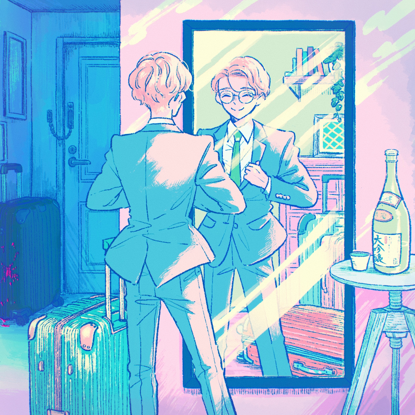 port (portzzz), original, commentary, commentary request, english commentary, highres, mixed-language commentary, 1boy, aqua jacket, aqua pants, bottle, closed mouth, collared shirt, cup, door, feet out of frame, full-length mirror, glasses, green necktie, indoors, jacket, long sleeves, male focus, mirror, necktie, orange hair, pants, reflection, round eyewear, sake bottle, shirt, short hair, smile, split mouth, standing, suit jacket, suitcase, table, very short hair, white shirt, wing collar