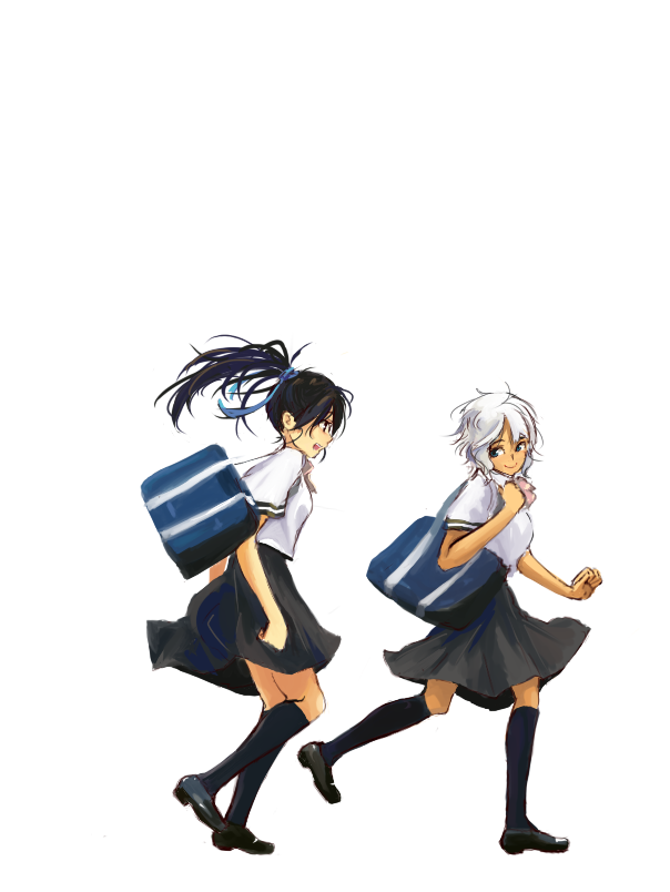 puranaria, original, 2girls, bag, black hair, dark-skinned female, dark skin, hair ribbon, kneehighs, long hair, long skirt, multiple girls, open mouth, ponytail, ribbon, running, school bag, school uniform, short hair, short sleeves, simple background, skirt, smile, socks, white background, white hair