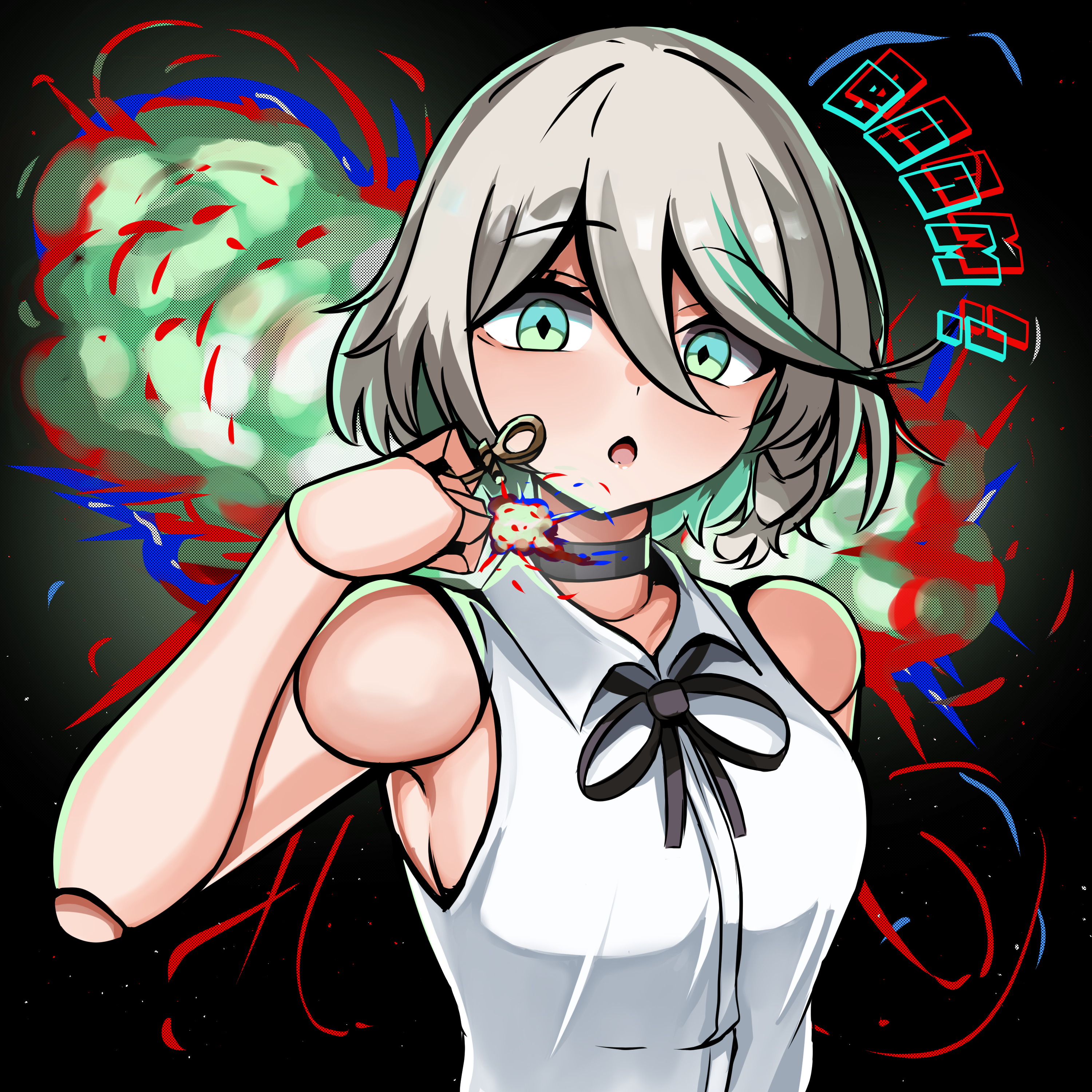 panpanmc4, cecilia immergreen, reze (chainsaw man), chainsaw man, hololive, hololive english, absurdres, highres, 1girl, black choker, black ribbon, breasts, choker, collared shirt, colored inner hair, cosplay, doll joints, explosion, explosion background, green eyes, green hair, grey hair, hair between eyes, joints, looking at viewer, medium breasts, multicolored hair, neck ribbon, open mouth, reze (chainsaw man) (cosplay), ribbon, shirt, sleeveless, sleeveless shirt, solo, virtual youtuber, white shirt, winding key