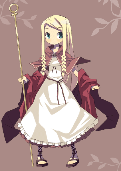ccru, cocorou, original, bad id, bad pixiv id, 1girl, blonde hair, braid, dress, female focus, green eyes, hair over shoulder, long hair, skirt, solo, staff, twin braids