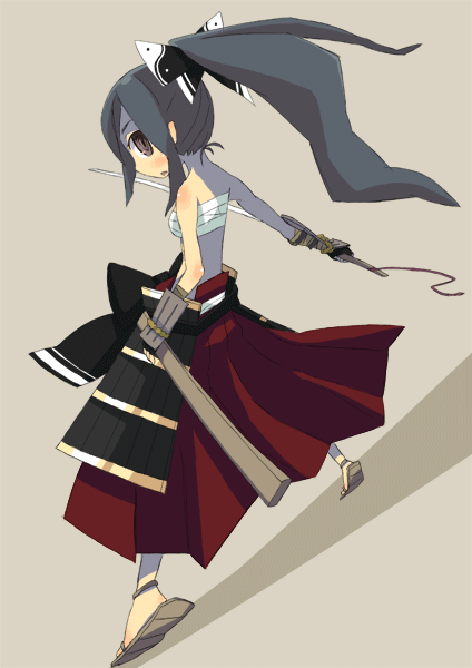 ccru, cocorou, bushidou (sekaiju), bushidou 2 (sekaiju), atlus, disgaea, etrian odyssey, original, bad id, bad pixiv id, 1girl, bandages, black eyes, black hair, female focus, japanese clothes, long hair, looking back, ponytail, samurai, sarashi, solo, sword, weapon