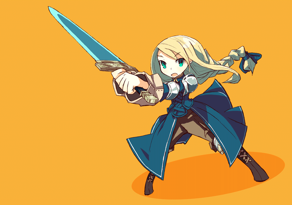 ccru, cocorou, agrias oaks, final fantasy, final fantasy tactics, bad id, bad pixiv id, 1girl, aqua eyes, armor, blonde hair, braid, braided ponytail, female focus, full body, hair ribbon, knight, long hair, ribbon, simple background, single braid, solo, sword, weapon