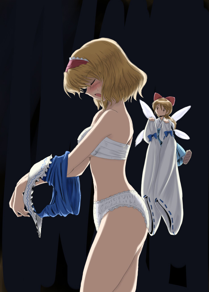 flx, alice margatroid, hakurei reimu, shanghai doll, touhou, bad id, bad pixiv id, duplicate, 2girls, blonde hair, blush, breasts, chest sarashi, cosplay, detached sleeves, dressing, female focus, gradient background, hairband, hakurei reimu (cosplay), medium breasts, multiple girls, panties, sarashi, short hair, sweatdrop, underwear
