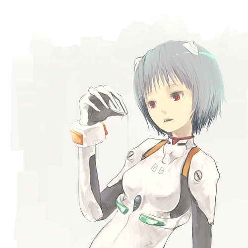 yasushi, ayanami rei, neon genesis evangelion, lowres, blue hair, hair ornament, hairclip, mecha pilot suit, plugsuit (evangelion), red eyes, short hair, solo