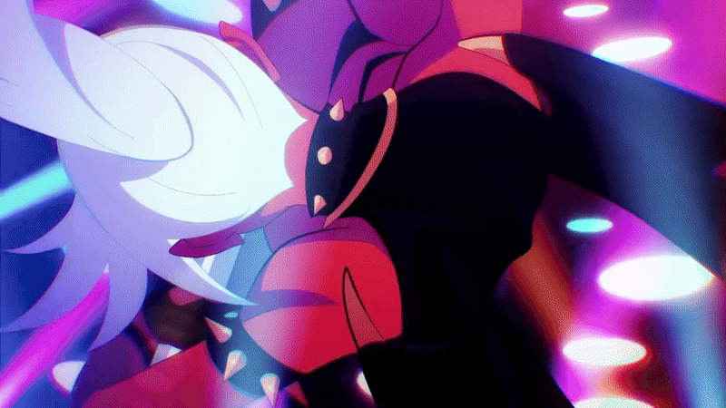 kneesocks (psg), panty & stocking with garterbelt, animated, animated gif, anime screenshot, armlet, ass, black thighhighs, blue hair, breasts, collar, colored skin, demon, demon girl, demon wings, glasses, horns, long hair, looking at viewer, multiple wings, pointy ears, ponytail, red skin, single horn, smile, spiked armlet, spiked collar, spiked thighhighs, spikes, thighhighs, thighs, wings