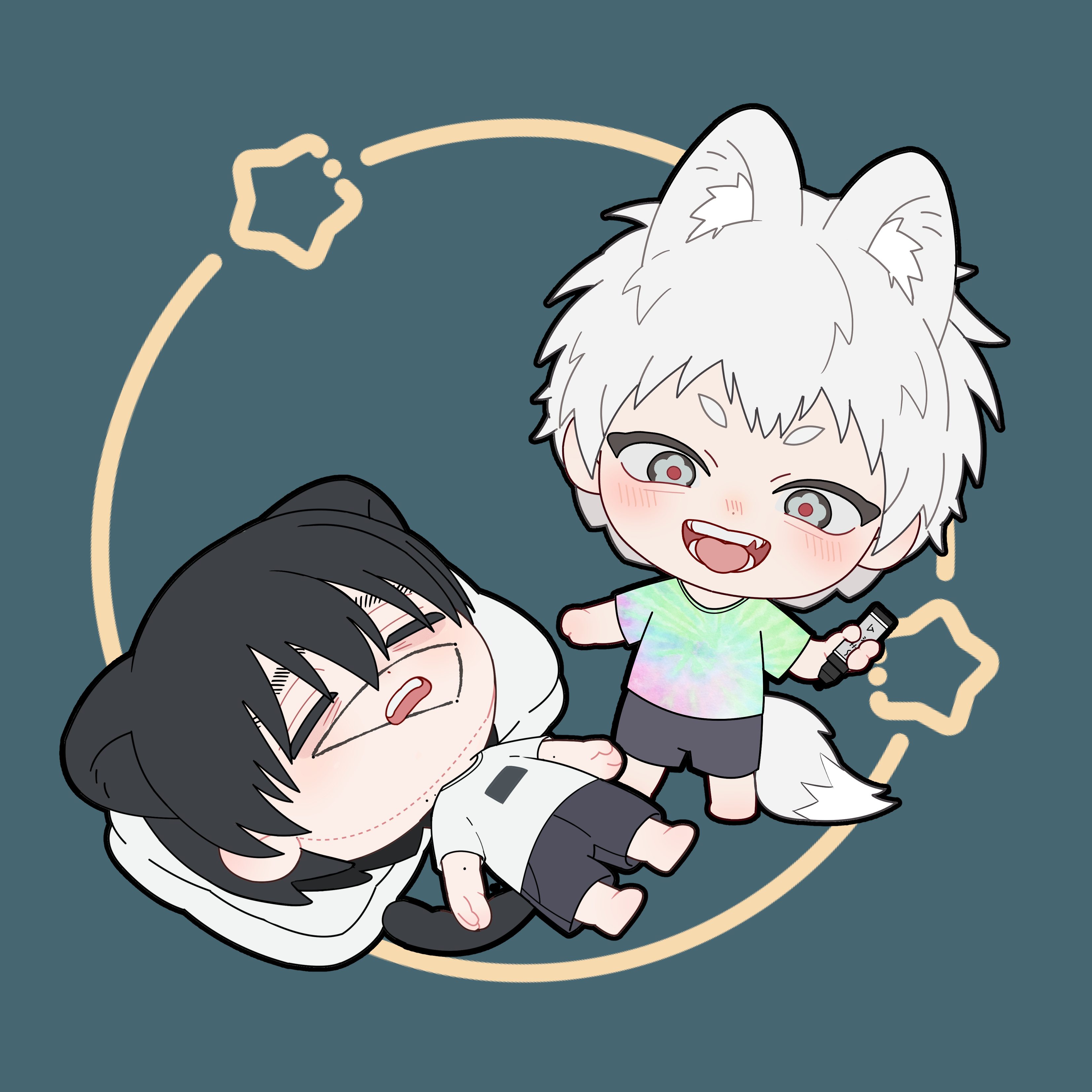 sono nu, indou hikaru, tsujinaka yoshiki, hikaru ga shinda natsu, absurdres, commentary request, highres, 2boys, animal ears, barefoot, black hair, black shorts, blush, chibi, chibi only, closed eyes, lying, male focus, mole, mole on arm, mole on cheek, mole on neck, mole under eye, mole under mouth, multiple boys, multiple moles, nose blush, on back, open mouth, pillow, red pupils, shirt, short eyebrows, short hair, shorts, sleeping, star (symbol), tail, teeth, tie-dye, tongue, tongue out, v-shaped eyebrows, white hair, white shirt