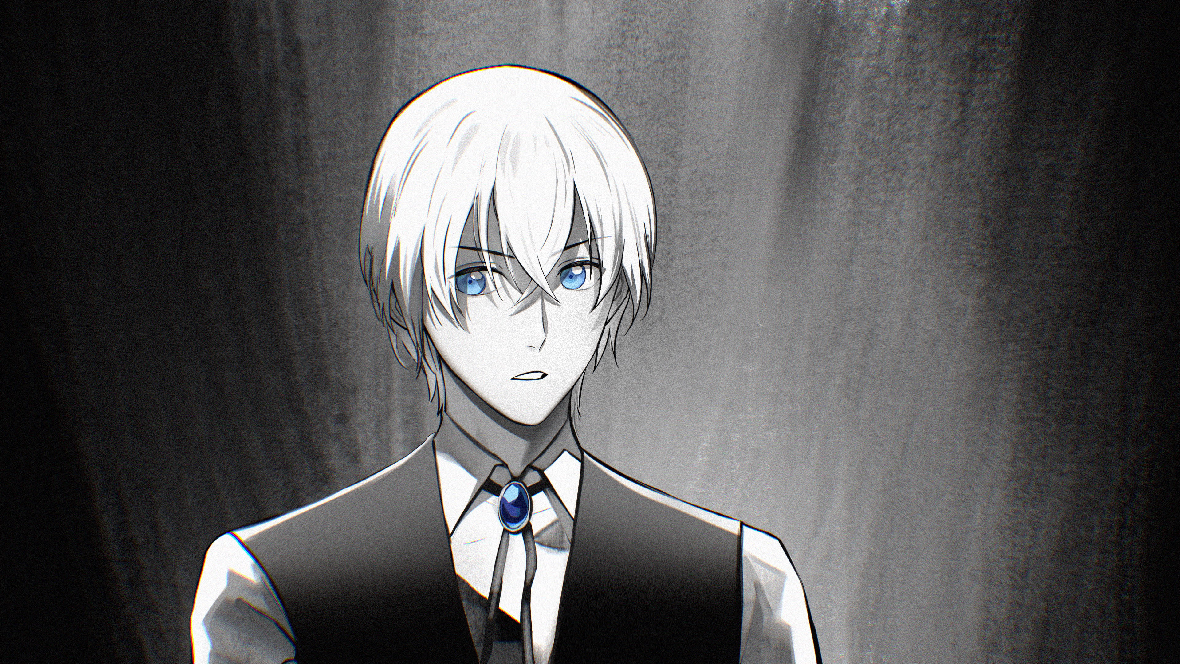 kotomine (a1569), amuro tooru, meitantei conan, absurdres, commentary request, highres, 1boy, black background, bolo tie, collared shirt, crossed bangs, looking at viewer, male focus, parted lips, shirt, short hair, solo, spot color, upper body, vest