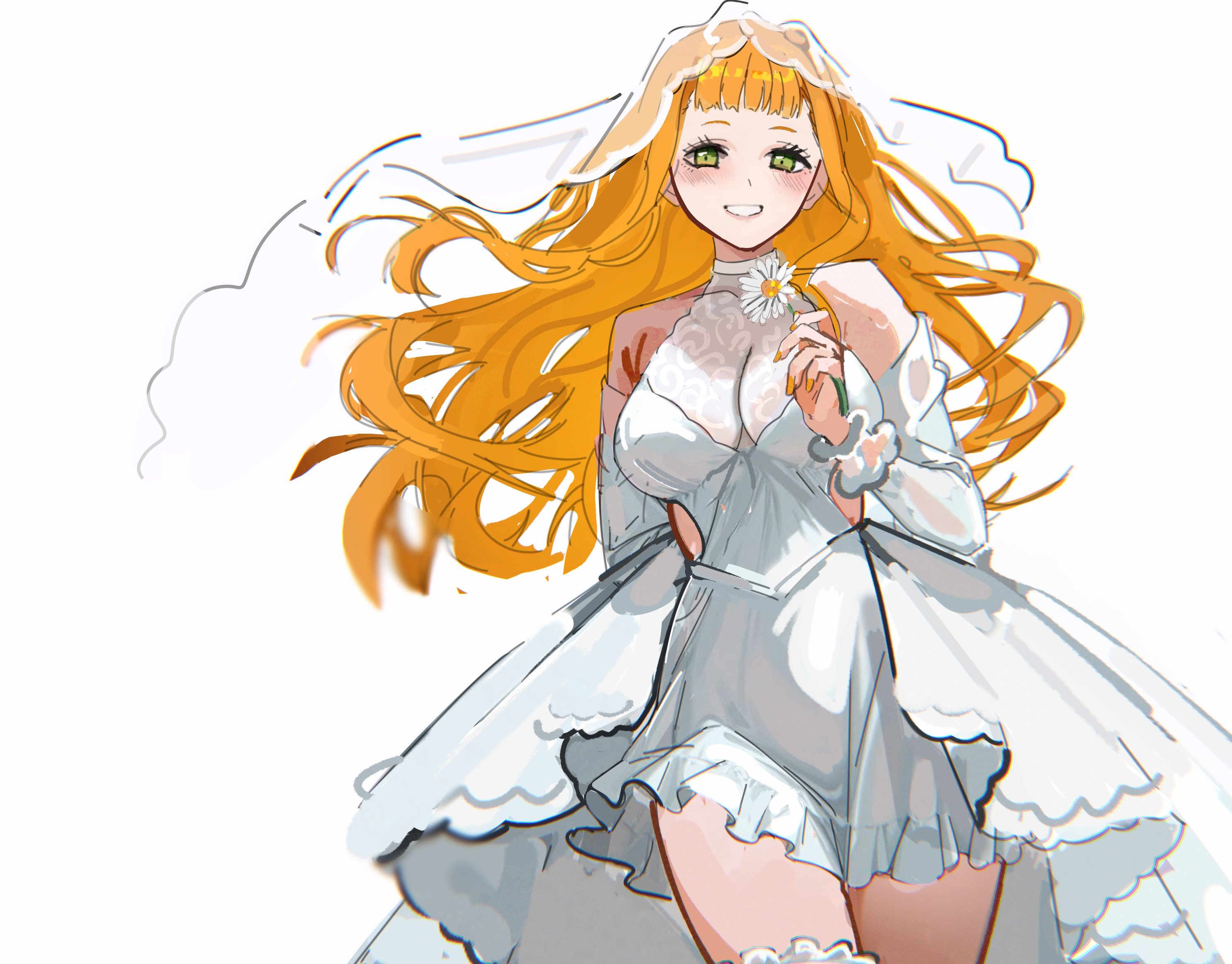 mitanaartworks, mimosa vermillion, black clover, commentary, english commentary, highres, 1girl, bare shoulders, blunt bangs, blush, breasts, bridal veil, cleavage, clothing cutout, dress, flower, green eyes, holding, holding flower, long hair, nail polish, orange hair, side cutout, smile, veil, wedding dress, white background, white dress