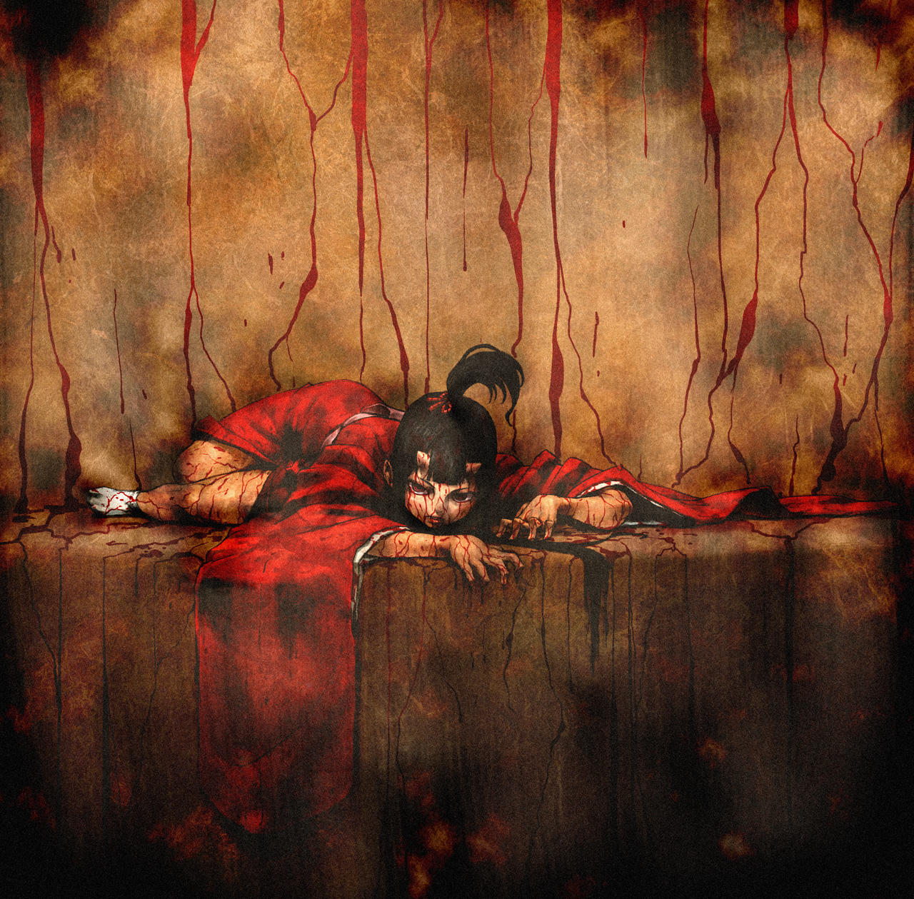 chyko, highres, 1girl, black hair, blood, crack, female focus, horns, japanese clothes, kimono, lying, oni, red eyes, solo