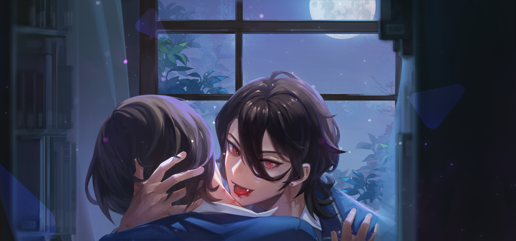 8083 blue, sakuma rei (ensemble stars!), sakuma ritsu, ensemble stars!, commentary request, highres, 2boys, bite mark, bite mark on neck, black hair, blood on mouth, blue jacket, bookshelf, brothers, curtains, fangs, full moon, hand on another's head, indoors, jacket, light particles, looking at viewer, monsterification, moon, multiple boys, open mouth, red eyes, shirt, short hair, siblings, tongue, tongue out, vampire, white shirt, window