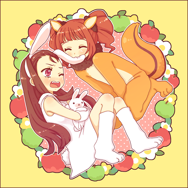 pinkmm, minase iori, takatsuki yayoi, idolmaster, idolmaster (classic), biting ear, 00s, 2girls, animal costume, animal ears, apple, biting, brown eyes, brown hair, food, fruit, green eyes, long hair, multiple girls, rabbit, short hair, squirrel, stuffed animal, stuffed rabbit, stuffed toy, twintails
