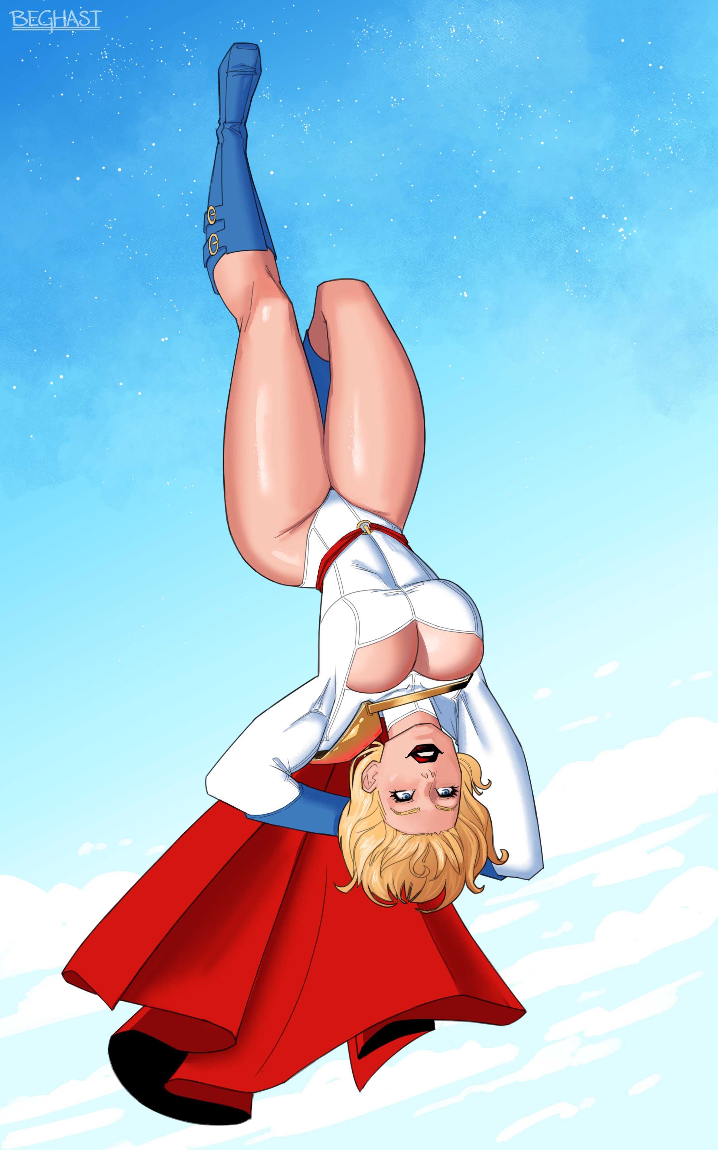 beghastart, power girl, power girl (1976 costume), dc comics, superman (series), absurdres, commentary, commission, highres, 1girl, arms behind head, artist name, blonde hair, blue boots, blue eyes, boots, breasts, cape, cleavage, cleavage cutout, clothing cutout, full body, knee boots, large breasts, leotard, lipstick, makeup, medium hair, red cape, red lips, solo, superhero costume, upside-down, white leotard