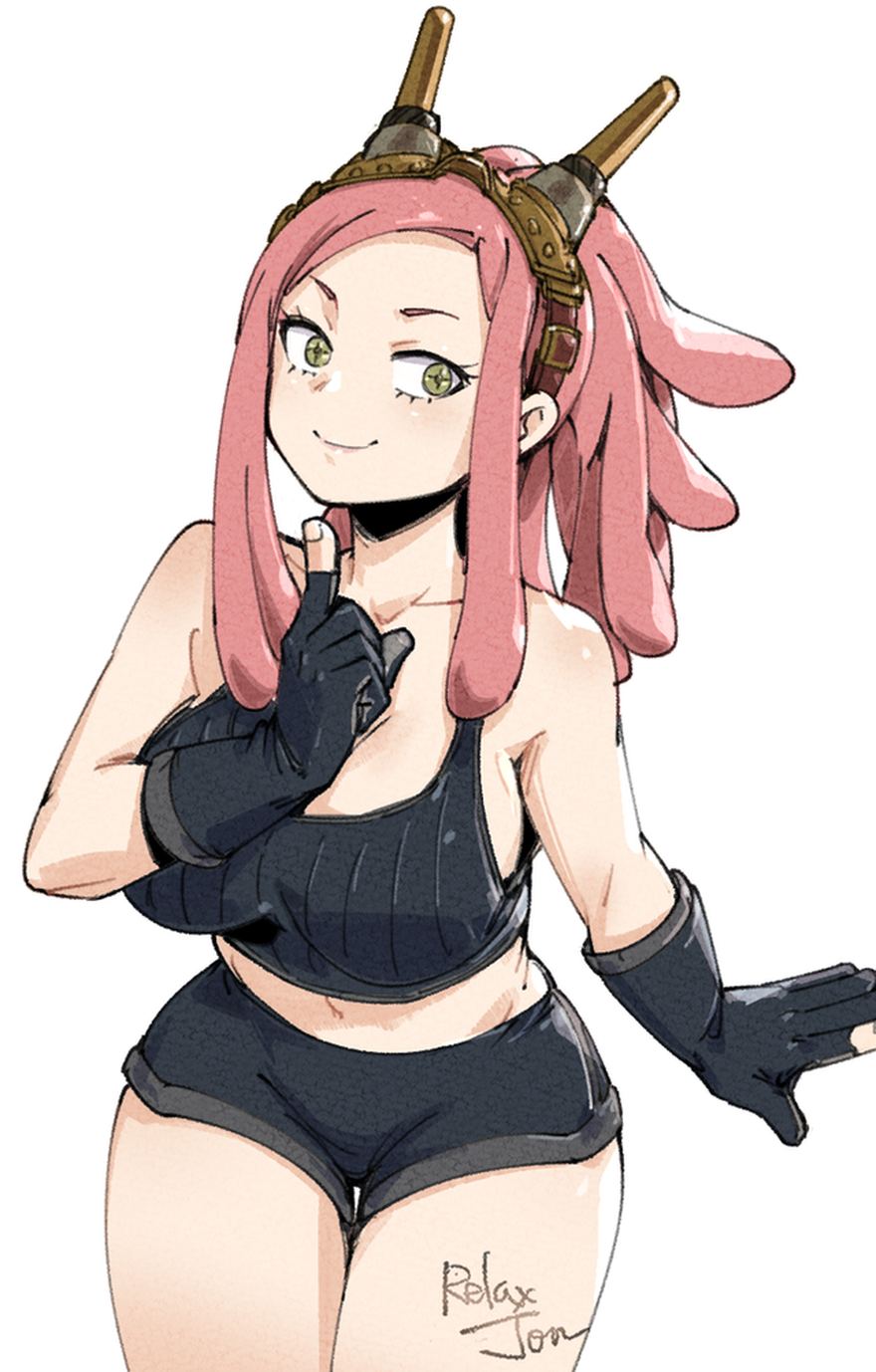 relaxjon, hatsume mei, boku no hero academia, commentary, english commentary, highres, 1girl, artist name, black gloves, black shorts, black tank top, breasts, crosshair pupils, gloves, goggles, goggles on head, large breasts, pink hair, ponytail, shorts, signature, smile, tank top, white background, yellow eyes