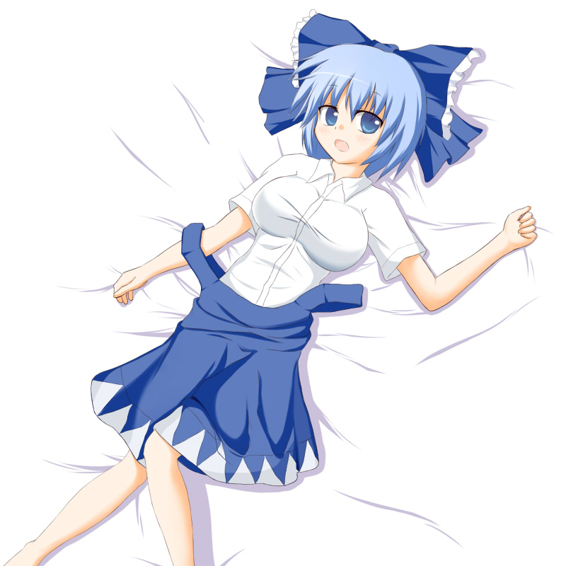 big magnum morita, zurehan, cirno, embodiment of scarlet devil, touhou, bad id, bad pixiv id, 1girl, aged up, alternate breast size (larger), bed, blue eyes, blue hair, breasts, female focus, large breasts, lying, matching hair/eyes, open mouth, solo