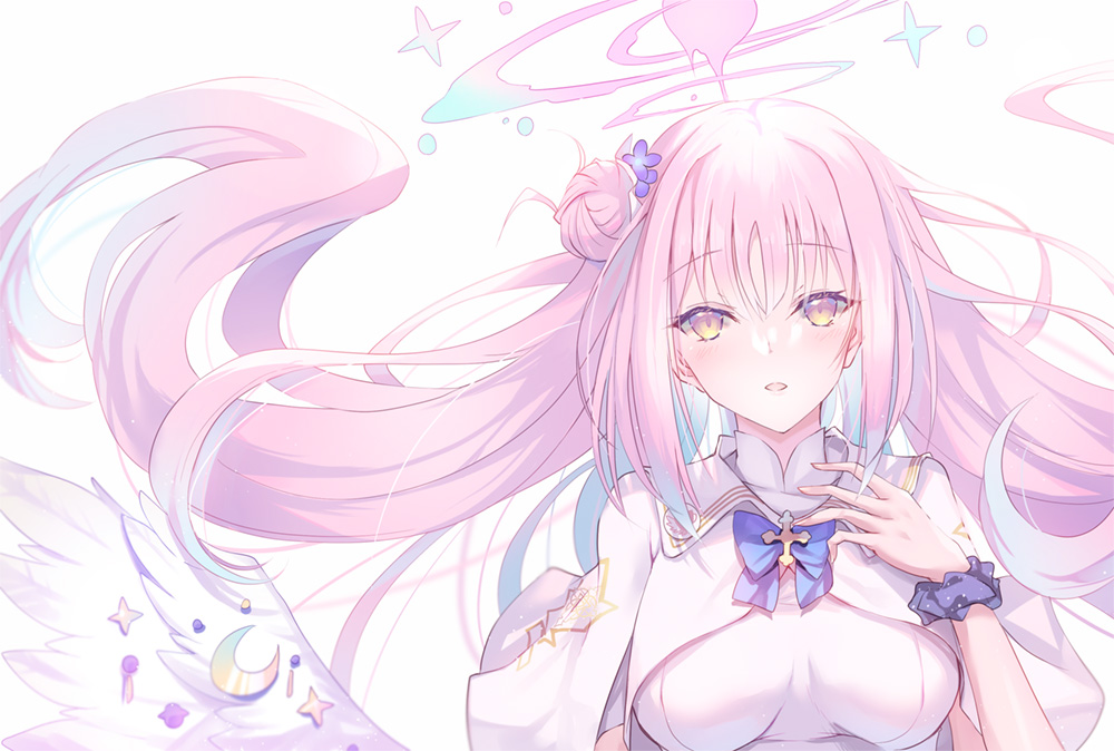 inoue takuya (tactactak), mika (blue archive), blue archive, commentary request, 1girl, angel wings, aqua hair, breasts, capelet, crescent, dress, feathered wings, floating hair, flower, gold trim, gradient hair, hair between eyes, hair bun, hair flower, hair ornament, halo, long hair, looking at viewer, low wings, medium breasts, multicolored hair, open mouth, pink hair, pink halo, purple eyes, scrunchie, simple background, single hair bun, single side bun, solo, upper body, very long hair, white background, white capelet, white dress, white wings, wing ornament, wings, wrist scrunchie