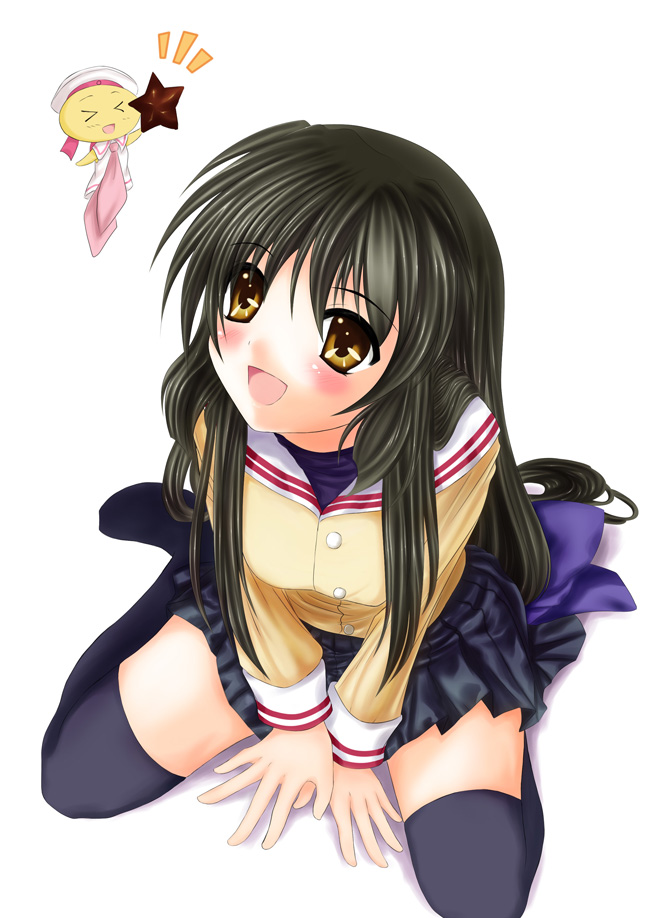 prinz luzifer, ibuki fuuko, nonaka ai, shishidou imoko, clannad, sora wo kakeru shoujo, bad id, bad pixiv id, 00s, 1girl, black thighhighs, blush, school uniform, thighhighs, voice actor connection