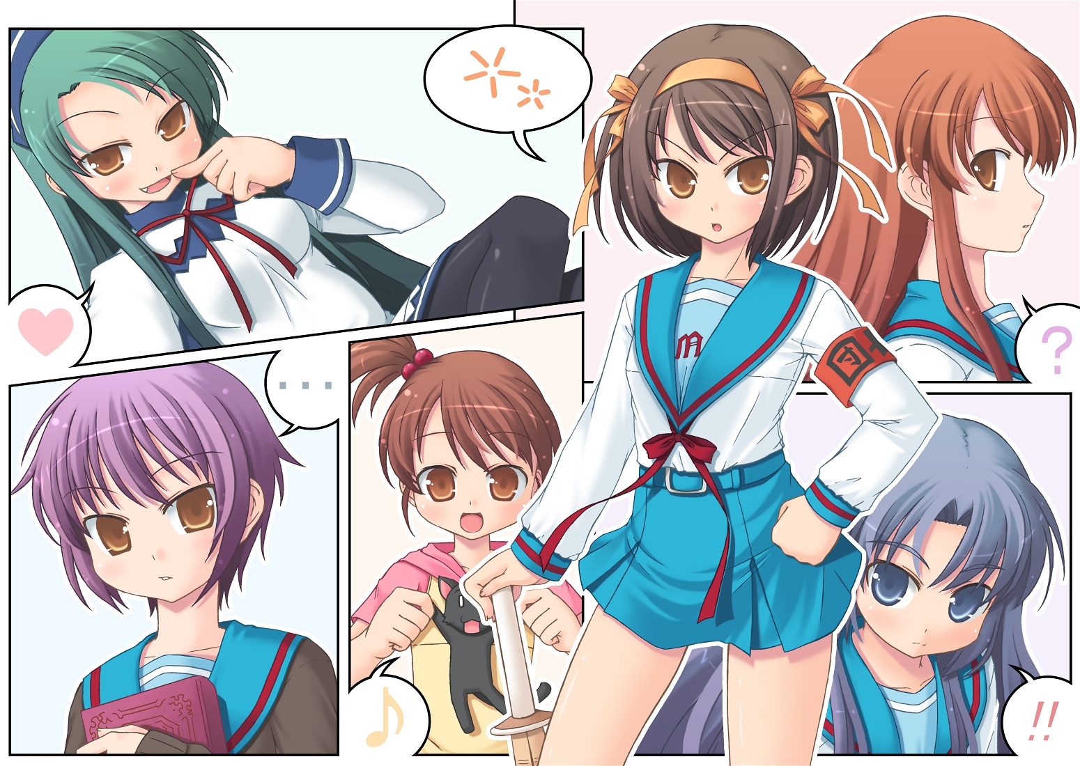 amamiya minato, amamiya mizuoto, asahina mikuru, asakura ryoko, kyon no imouto, nagato yuki, suzumiya haruhi, tsuruya, suzumiya haruhi no yuuutsu, bad id, bad pixiv id, !, !!, 00s, 6+girls, ?, multiple girls, pantyhose, school uniform, serafuku
