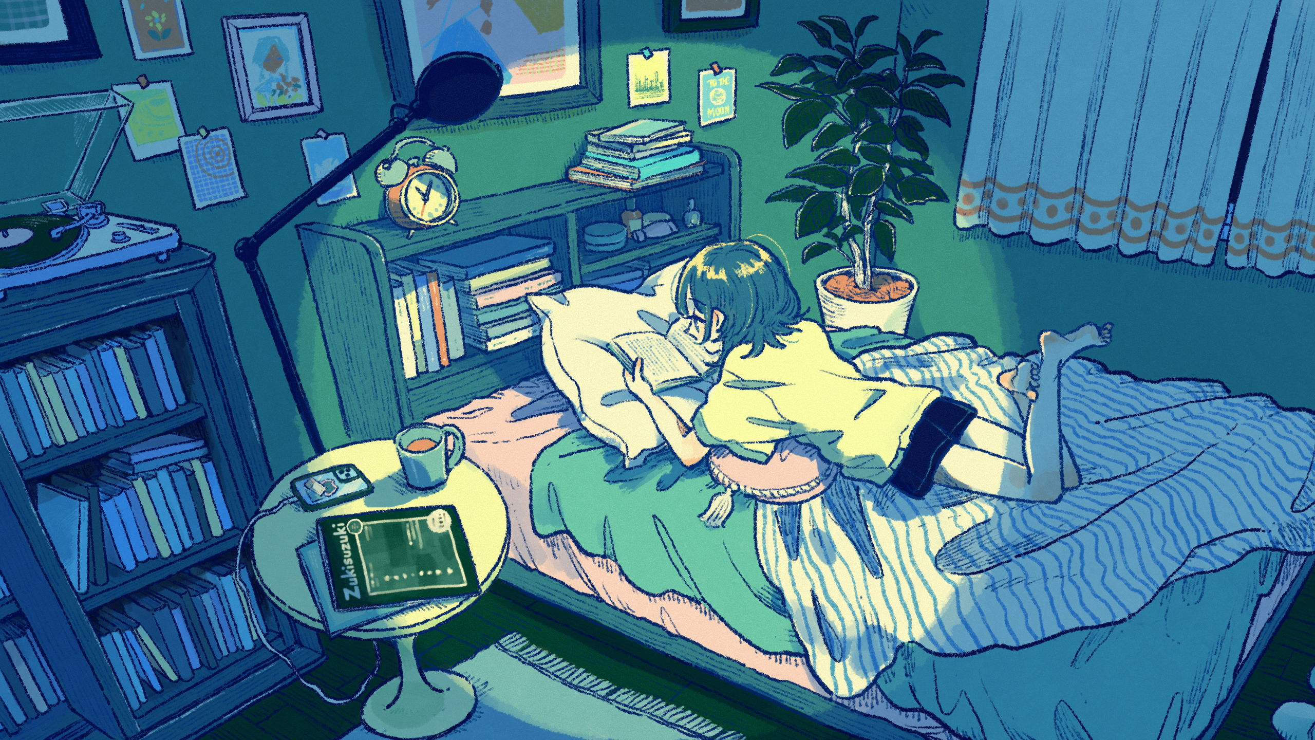 port (portzzz), original, commentary request, highres, procreate (medium), 1girl, alarm clock, aqua hair, barefoot, black shorts, blanket, book, bookshelf, cellphone, clock, coffee mug, cool colored, cup, curtains, feet up, full body, holding, holding book, indoors, lamp, lying, mug, night, nightstand, on bed, on stomach, open book, phone, phonograph, picture frame, pile of books, pillow, plant, potted plant, reading, shirt, short hair, short shorts, short sleeves, shorts, slice of life, smartphone, solo, vinyl record, white shirt