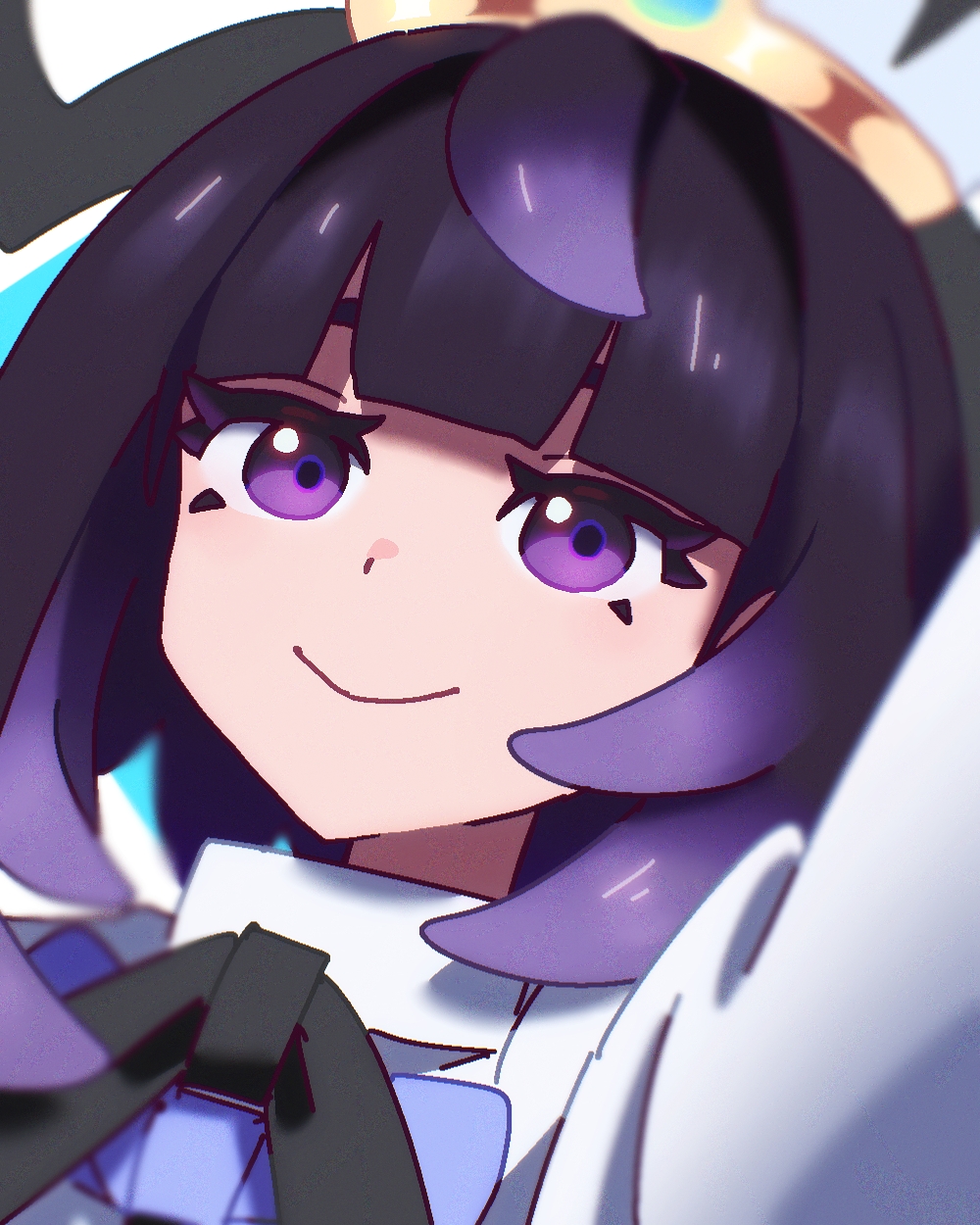 gwynn (pokemon), nintendo, pokemon, pokemon legends: z-a, highres, 1girl, black hair, blunt bangs, close-up, closed mouth, eyelashes, gradient hair, ikura kinnpira, long sleeves, looking at viewer, multicolored hair, purple eyes, purple hair, short hair, smile, solo, upper body