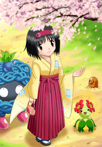 pokemoa, bellossom, diglett, erika (pokemon), oddish, tangela, nintendo, pokemon, pokemon frlg, 00s, 1girl, black hair, brown eyes, cherry blossoms, furisode, gen 1 pokemon, gen 2 pokemon, gym leader, hairband, japanese clothes, kimono, pokemon (creature), pouch
