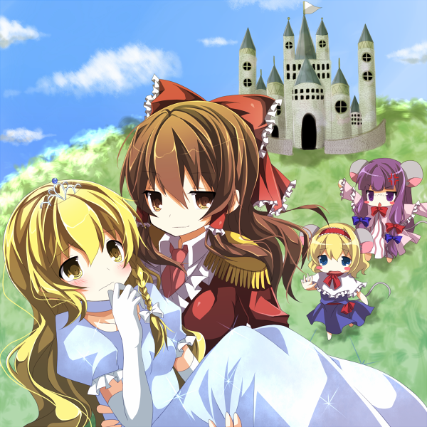 chiruku, alice margatroid, hakurei reimu, kirisame marisa, patchouli knowledge, touhou, bad id, bad pixiv id, 4girls, black hair, blonde hair, castle, crown, dress, epaulettes, female focus, multiple girls, nature, outdoors, plant, ribbon, sky, tiara, wedding dress