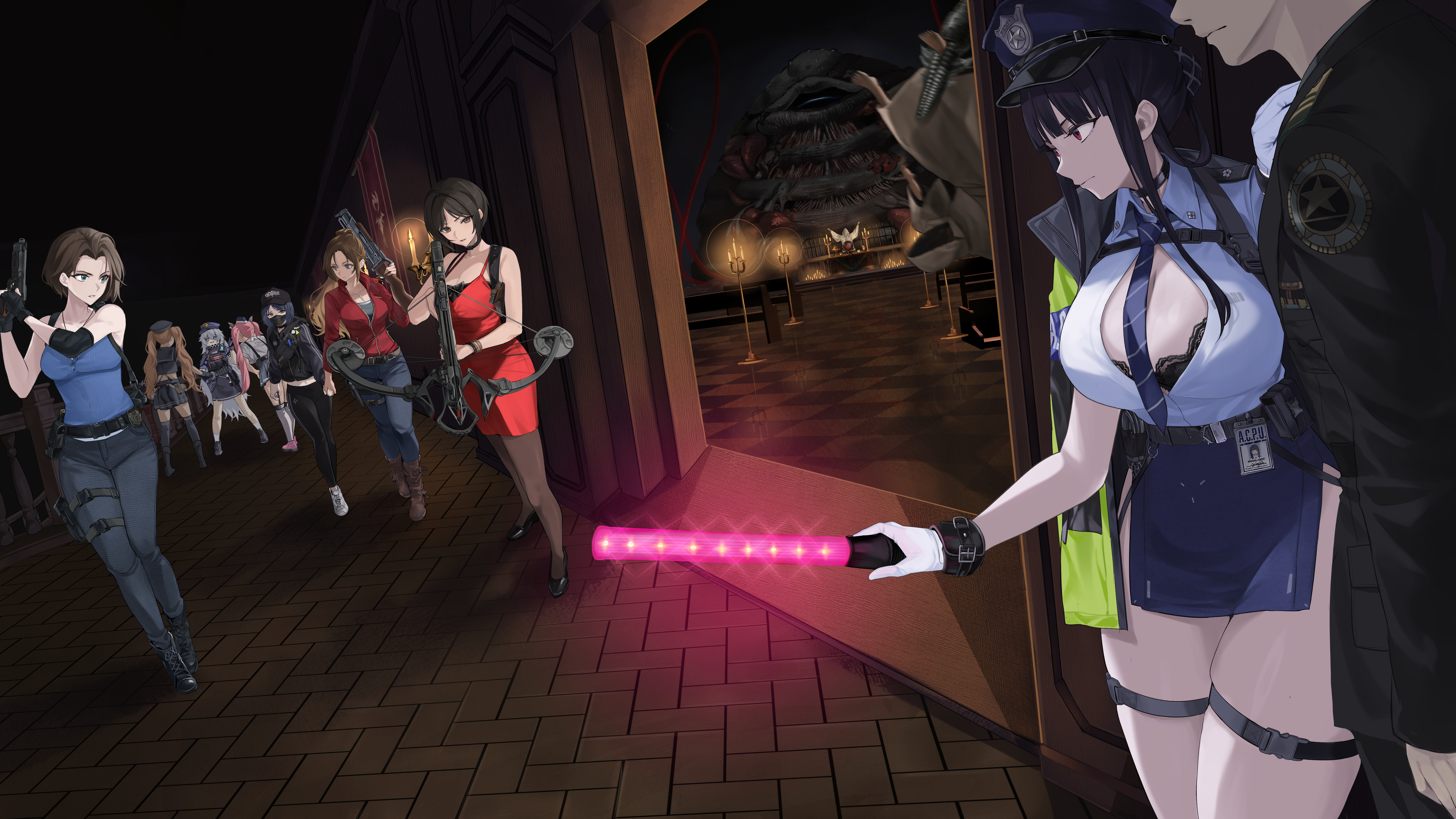 nagato tsumugu, ada wong, claire redfield, commander (nikke), d (killer wife) (secret police) (nikke), d (nikke), deipara (nikke), jill valentine, miranda (nikke), poli (nikke), quiry (nikke), goddess of victory: nikke, resident evil, absurdres, highres, 1boy, 6+girls, baseball cap, black hair, black jacket, black pants, blue necktie, blue tank top, bob cut, bow (weapon), breasts, brown hair, candle, candlestand, conductor baton, crossbow, dress, glowstick, grenade launcher, gun, hallway, handgun, hat, high ponytail, holding, holding crossbow, holding glowstick, holding gun, holding weapon, holster, indoors, jacket, large breasts, long hair, mask, miniskirt, mouth mask, multiple girls, necktie, official alternate costume, pants, pink hair, police hat, ponytail, red dress, red eyes, red jacket, short hair, skirt, tank top, thigh holster, twintails, very long hair, weapon