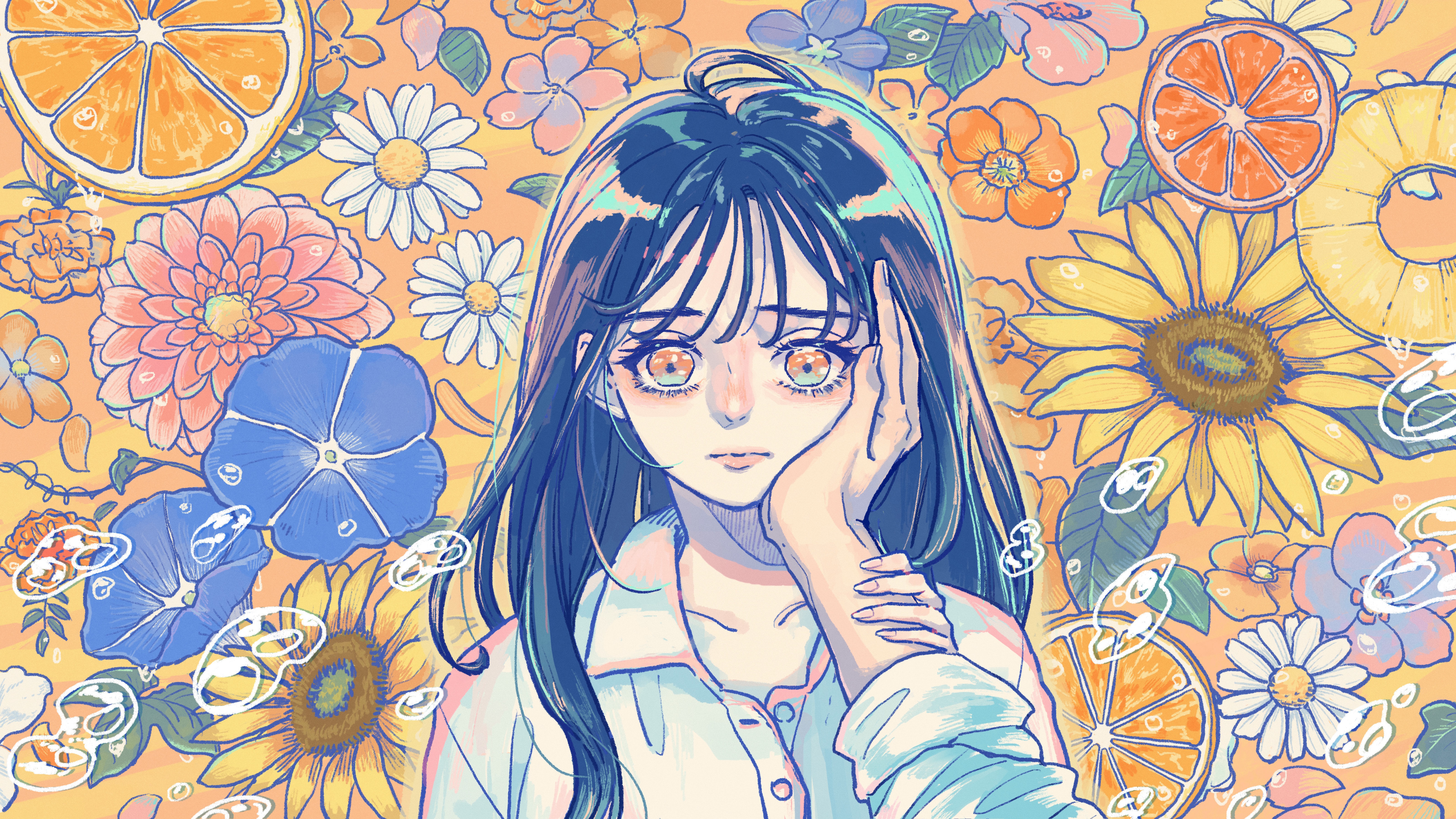 port (portzzz), original, absurdres, commentary request, highres, 1girl, 1other, blue flower, blue hair, choppy bangs, closed mouth, collared shirt, expressionless, flower, food, fruit, hand on another's arm, hand on another's cheek, hand on another's face, long hair, looking at viewer, orange (fruit), orange background, orange eyes, orange flower, orange slice, out of frame, partially unbuttoned, pink flower, shirt, straight-on, sunflower, too many flowers, white flower, white shirt, wing collar, yellow flower