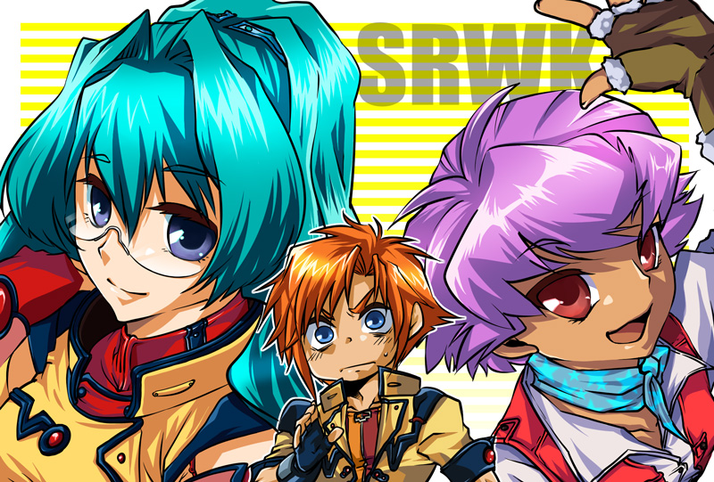 nana (jintyouge), angelica shalteel, mist rex, rex mist, sheldia rouge, banpresto, super robot wars, super robot wars k, 2girls, aqua hair, blue eyes, fingerless gloves, glasses, gloves, green hair, long hair, military, military uniform, multiple girls, neckerchief, orange hair, purple hair, red eyes, sherudia rouge, short hair