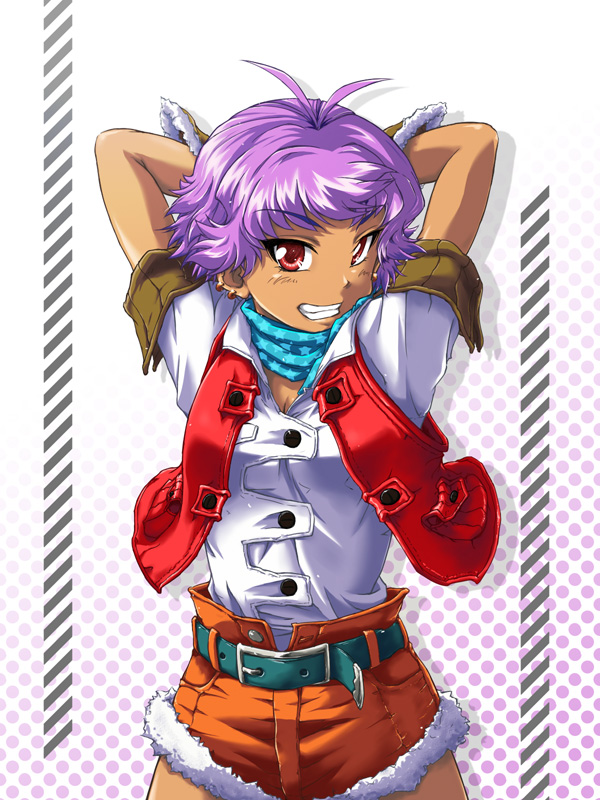 b button, sheldia rouge, banpresto, super robot wars, super robot wars k, 1girl, female focus, neckerchief, purple hair, sherudia rouge, short hair, solo