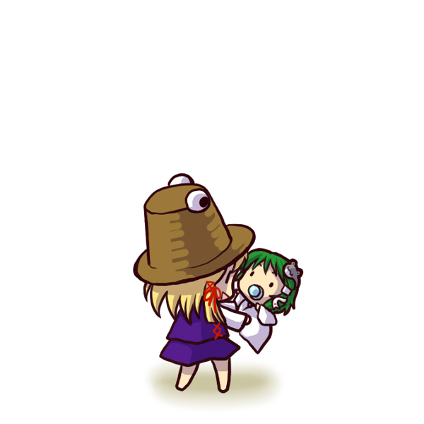 socha, kochiya sanae, moriya suwako, touhou, 2girls, aged down, baby, chibi, female focus, hat, multiple girls, pacifier, simple background, tadpole