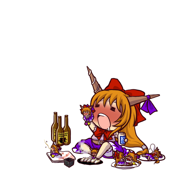 socha, ibuki suika, touhou, 1girl, = =, alcohol, beer, blush, chibi, drooling, drunk, female focus, food, mini person, minigirl, saliva, simple background, solo, torn clothes, torn sleeves, vore