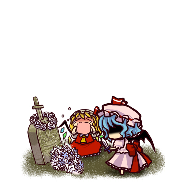 socha, flandre scarlet, remilia scarlet, touhou, > <, 2girls, bat wings, blue hair, chibi, closed eyes, crying, despair, female focus, flower, grave, knife, multiple girls, no eyes, no mouth, open mouth, rose, shaded face, siblings, simple background, sisters, tears, tombstone, white flower, white rose, wings, wreath