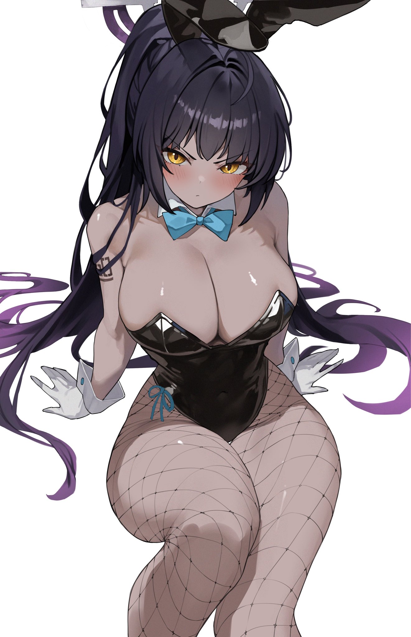 karin (blue archive), karin (bunny) (blue archive), blue archive, highres, 1girl, animal ear hairband, animal ears, arm tattoo, black hair, black leotard, blue bow, blue bowtie, blush, bow, bowtie, breasts, cham ggi, cleavage, dark-skinned female, dark skin, detached collar, fake animal ears, fishnet pantyhose, fishnets, gloves, gradient hair, hairband, halo, large breasts, leotard, long hair, multicolored hair, number tattoo, official alternate costume, pantyhose, purple hair, rabbit ear hairband, rabbit ears, solo, strapless, strapless leotard, tattoo, thighs, white gloves, yellow eyes