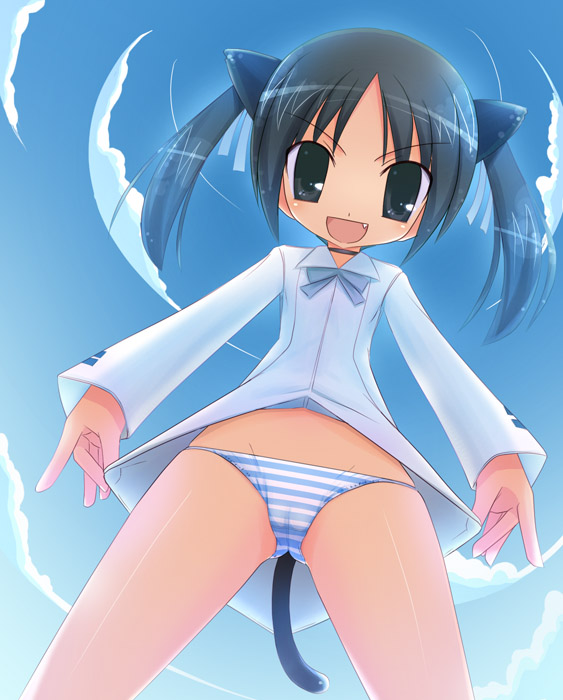 unikurage, francesca lucchini, strike witches, world witches series, 00s, 1girl, animal ears, black hair, cat ears, cat girl, cat tail, cloud, day, fang, female focus, flat chest, outdoors, panties, sky, solo, striped clothes, striped panties, tail, twintails, underwear