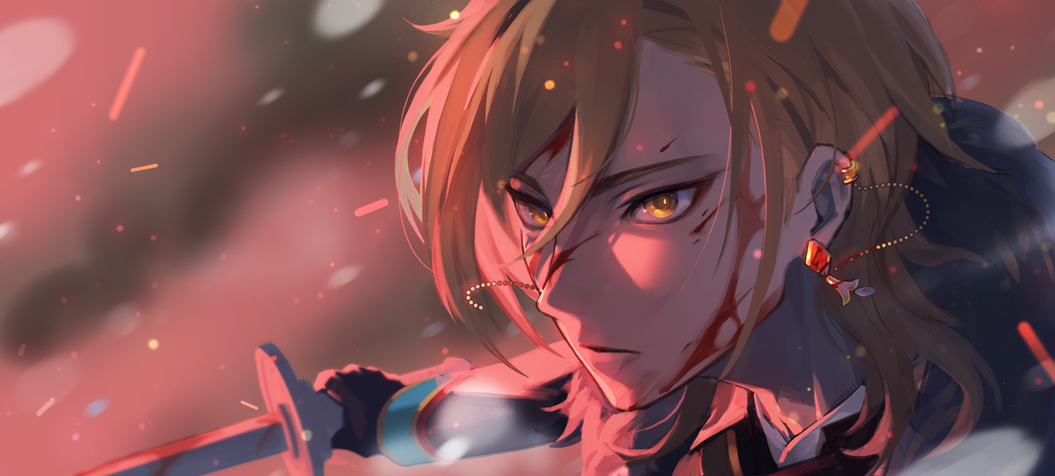 8083 blue, hakaze kaoru, ensemble stars!, commentary request, 1boy, blood, blood on face, brown hair, closed mouth, earrings, hair between eyes, holding, holding sword, holding weapon, jewelry, looking ahead, male focus, scorpio's venom (ensemble stars!), short hair, solo, sword, upper body, weapon, yellow eyes