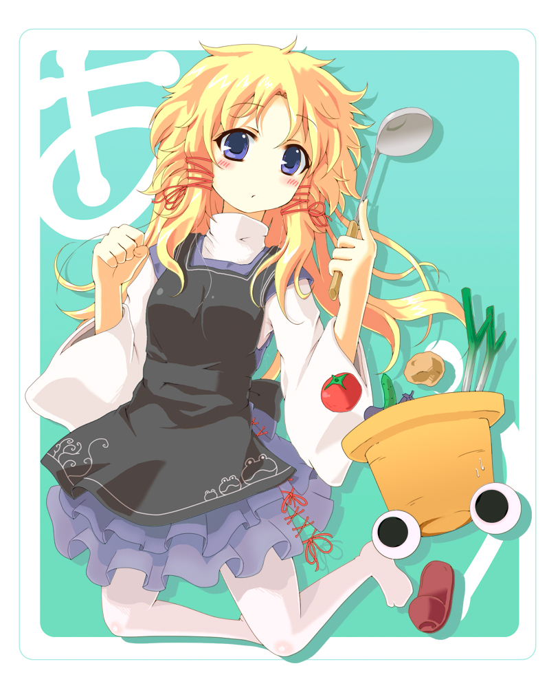 nejime, moriya suwako, touhou, bad id, bad pixiv id, 1girl, apron, aqua background, blonde hair, blue eyes, cucumber, eggplant, female focus, floating, food, frog, hat, ladle, long sleeves, messy hair, pantyhose, potato, solo, spring onion, thighhighs, tomato, unworn hat, unworn headwear, vegetable