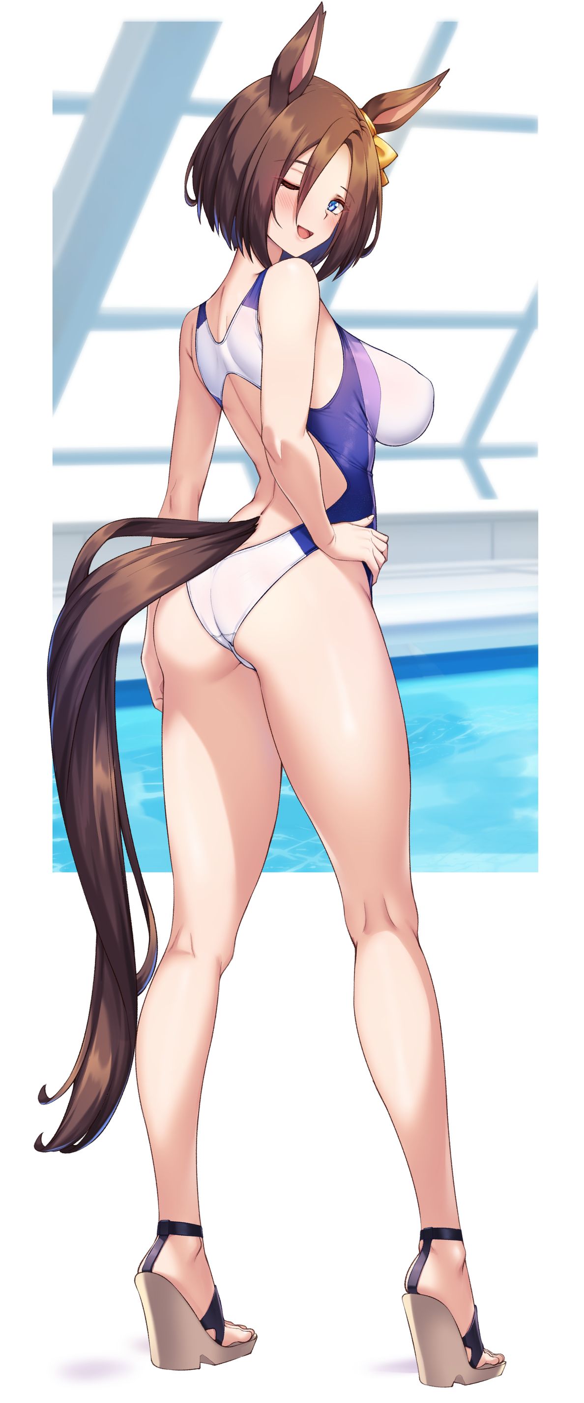 shirokuma a, air groove (umamusume), umamusume, absurdres, highres, 1girl, ass, blue eyes, blush, brown hair, brown tail, competition swimsuit, from behind, hand on own hip, kneepits, looking at viewer, looking back, multicolored swimsuit, one-piece swimsuit, one eye closed, open mouth, pool, short hair, smile, solo, standing, swimsuit, thighs, white one-piece swimsuit