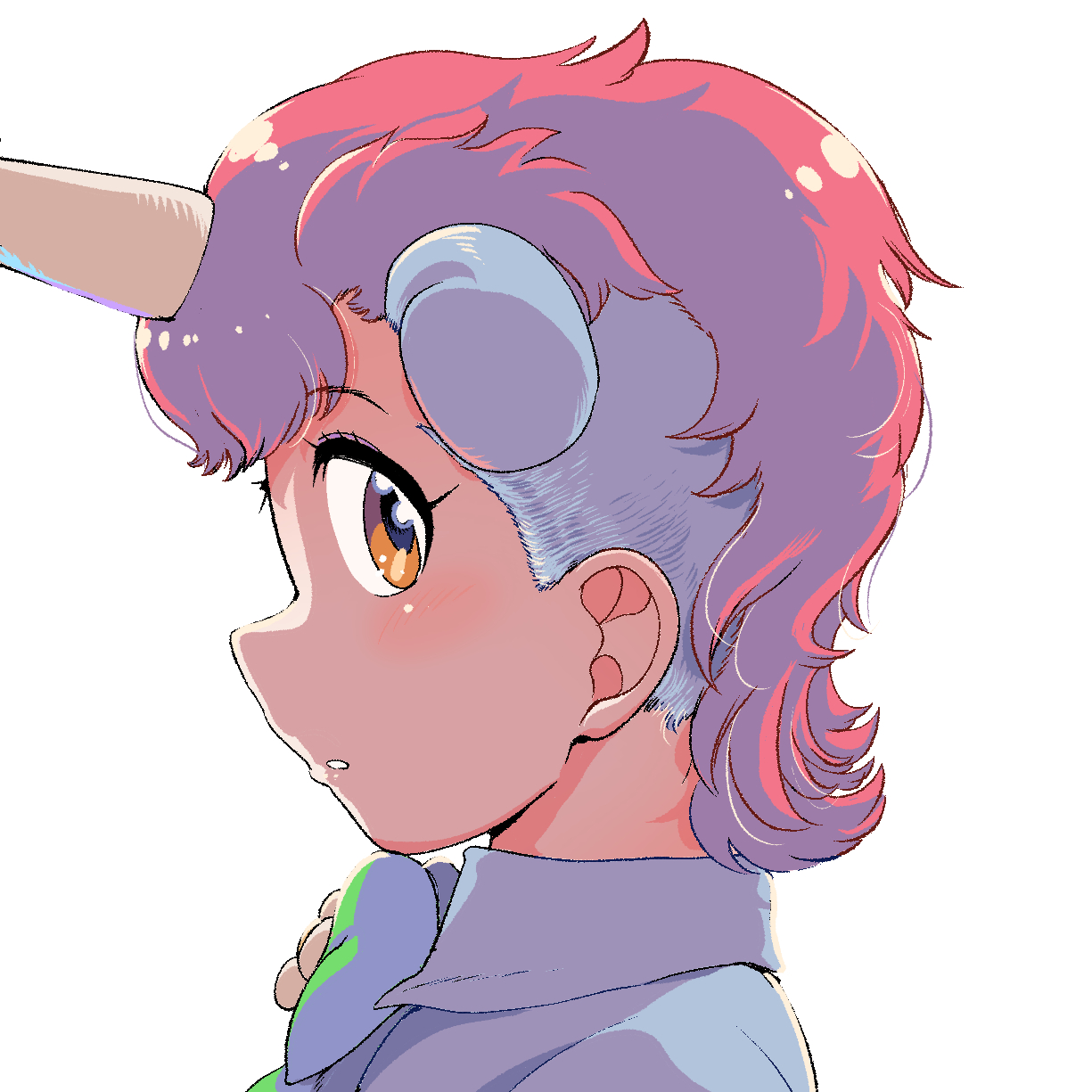 mcgunngu, unico, unico (kemono friends), kemono friends, kemono friends 3, highres, 1girl, blue hair, bow, bowtie, brown hair, horns, looking at viewer, multicolored hair, pink hair, shirt, short hair, simple background, solo, two-tone hair, unicorn girl, unicorn horn, upper body, white shirt