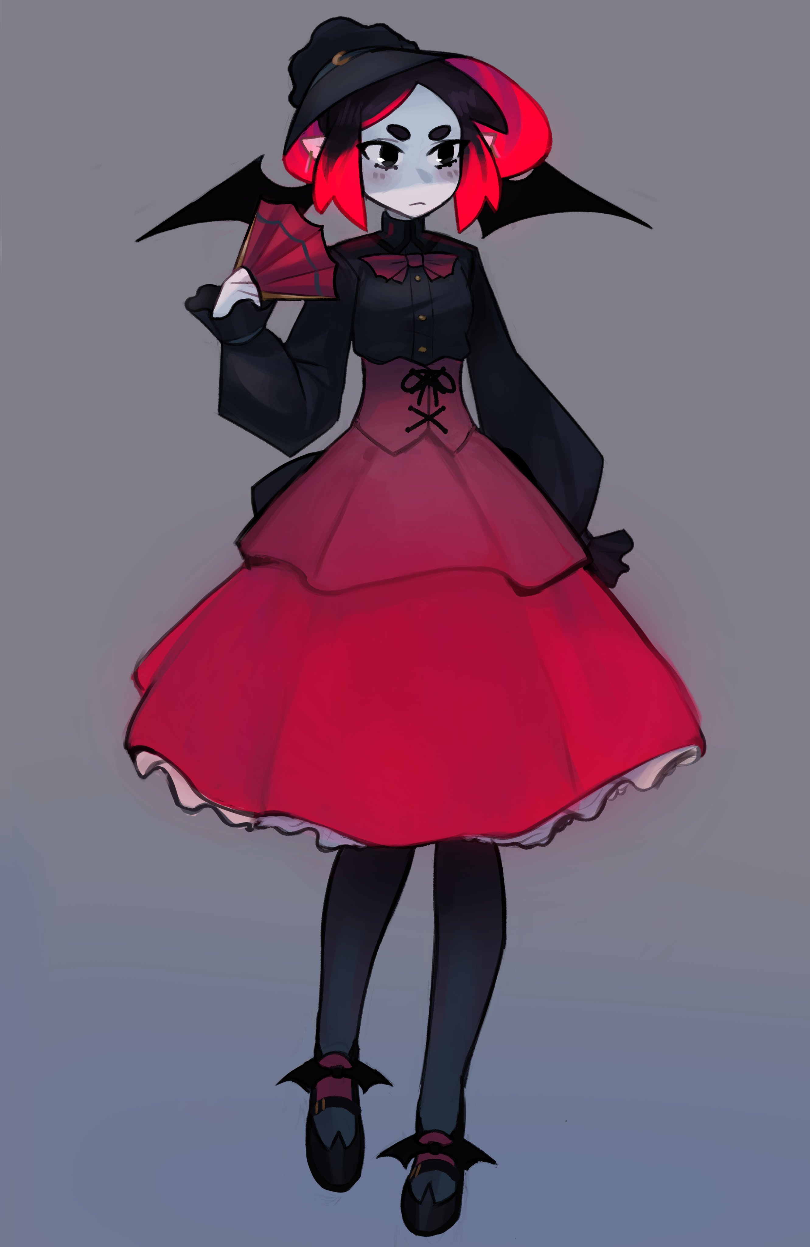 justadrian (yoadriandk), eleanor (justadrian), original, absurdres, commentary, english commentary, highres, 1girl, bat wings, black eyes, black hair, black pantyhose, black shirt, black shoes, bow, bowtie, colored skin, folding fan, frown, grey background, hand fan, head wings, high-waist skirt, holding, holding fan, long sleeves, multicolored hair, pantyhose, parted bangs, pointy ears, puffy long sleeves, puffy sleeves, red bow, red bowtie, red hair, red skirt, shirt, shoes, short eyebrows, simple background, skirt, sleeves past wrists, solo, thick eyebrows, vampire, white skin, wings