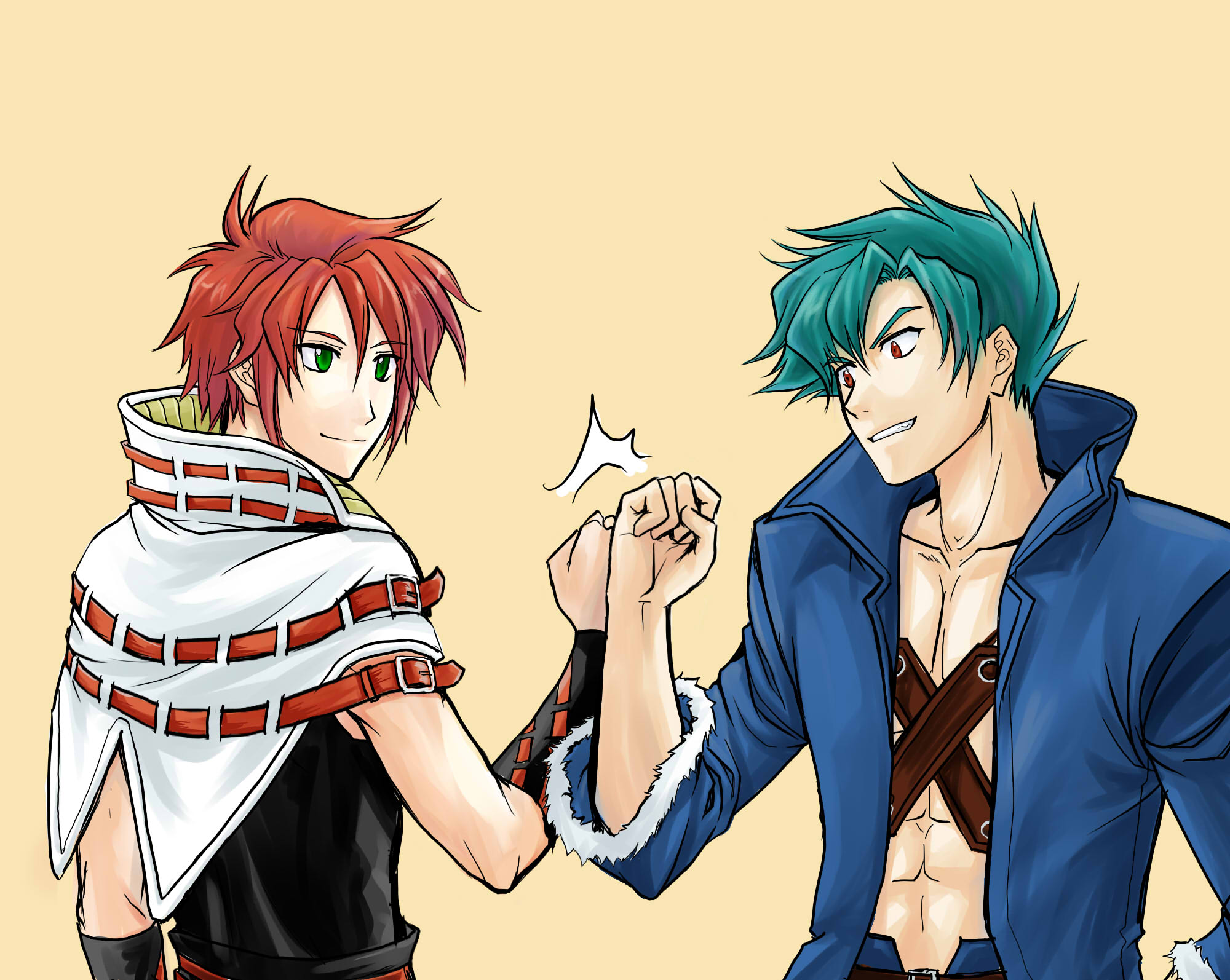 riyan, fernando albark, folka albark, banpresto, super robot wars, super robot wars original generation, highres, 2boys, abs, aqua hair, brothers, fist bump, green hair, male focus, multiple boys, red hair, siblings