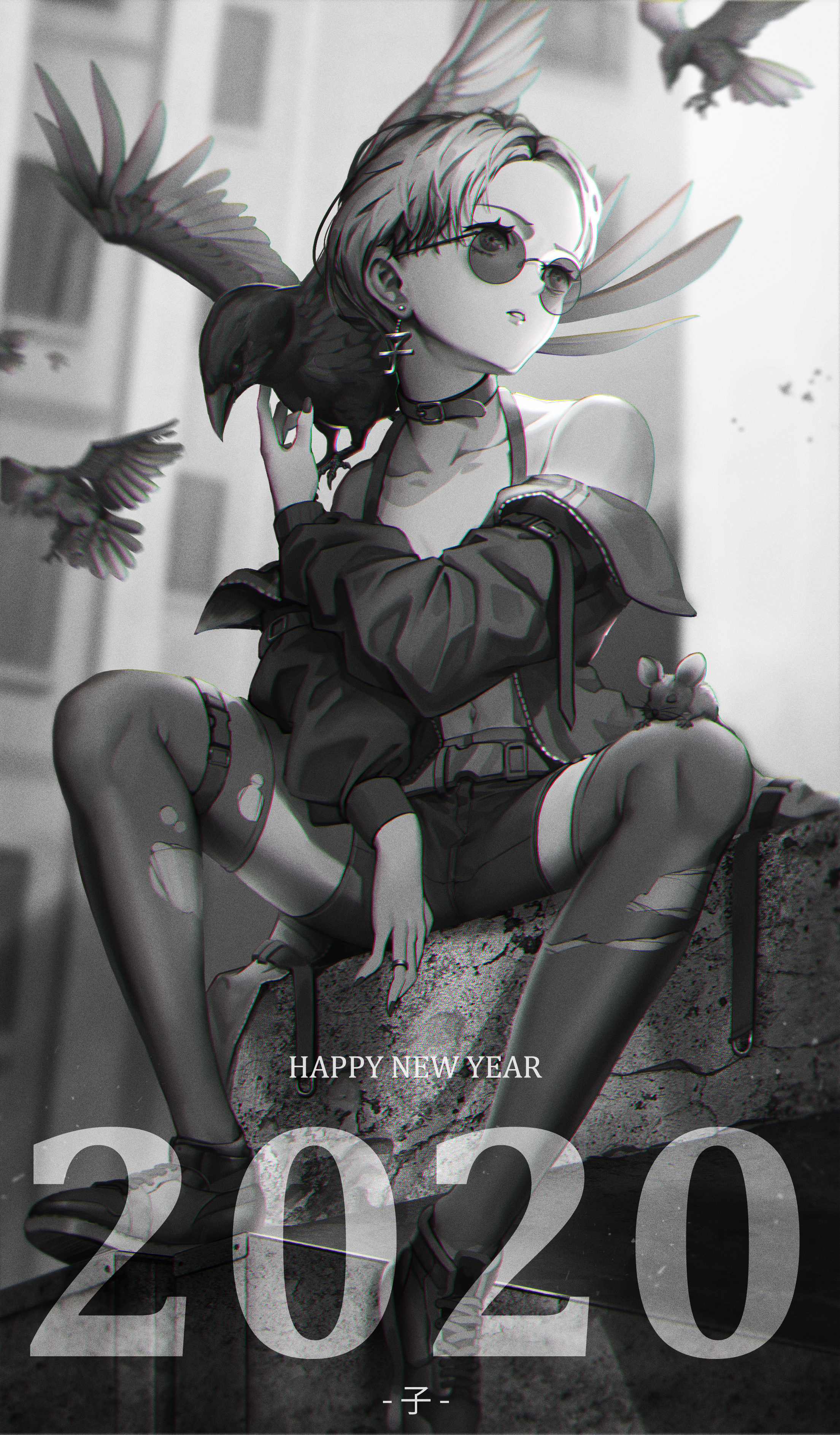 doloyume, original, absurdres, commentary request, highres, 1girl, 2020, animal, animal on shoulder, bare shoulders, belt, belt collar, bird, bird on shoulder, chromatic aberration, collar, collarbone, crow, earrings, greyscale, happy new year, jacket, jewelry, long sleeves, looking to the side, monochrome, mouse (animal), new year, off shoulder, open clothes, open jacket, parted bangs, parted lips, round eyewear, shoes, short hair, short shorts, shorts, sitting, sunglasses, thighhighs, torn clothes, torn thighhighs, unzipped, zipper
