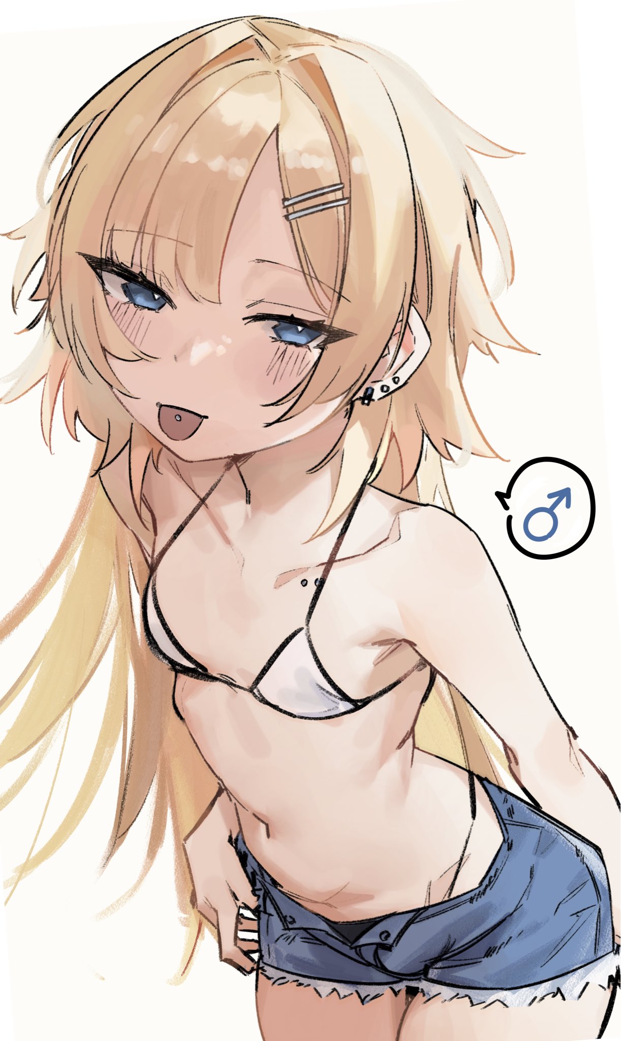 xcider, nabi (xcider), original, commentary, english commentary, highres, 1boy, :p, bare arms, bare shoulders, bikini, blonde hair, blue eyes, blue shorts, collarbone, collarbone piercing, cowboy shot, crossdressing, crossdressing (mtf), cutoffs, ear piercing, hair ornament, hairclip, long hair, male focus, mars symbol, navel, open fly, piercing, shorts, simple background, solo, spoken mars symbol, stomach, string bikini, swimsuit, tongue, tongue out, tongue piercing, trap, very long hair, white background, white bikini