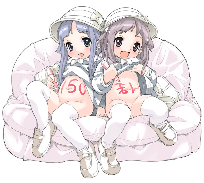 body writing, bottomless, hat, loli, thighhighs