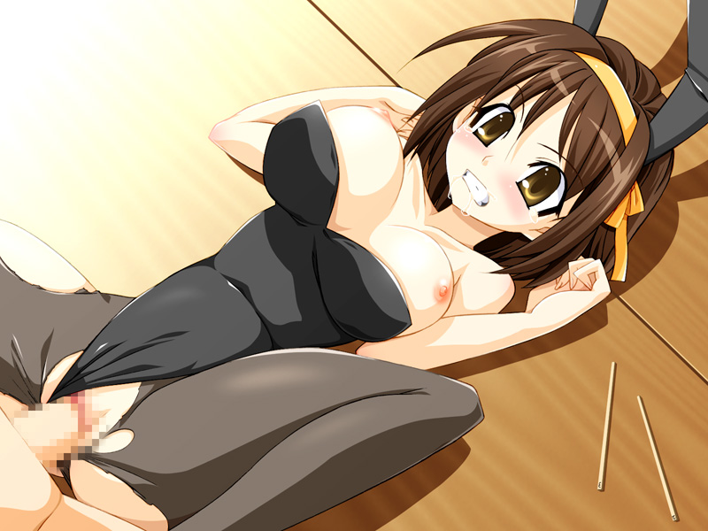 suzumiya haruhi, suzumiya haruhi no yuuutsu, torn legwear, 00s, animal ears, blush, breasts, breasts out, censored, clenched teeth, clothed sex, clothing aside, drooling, fake animal ears, floor, large breasts, leotard, leotard aside, lying, nipples, pantyhose, playboy bunny, rabbit ears, sex, teeth, torn clothes, vaginal