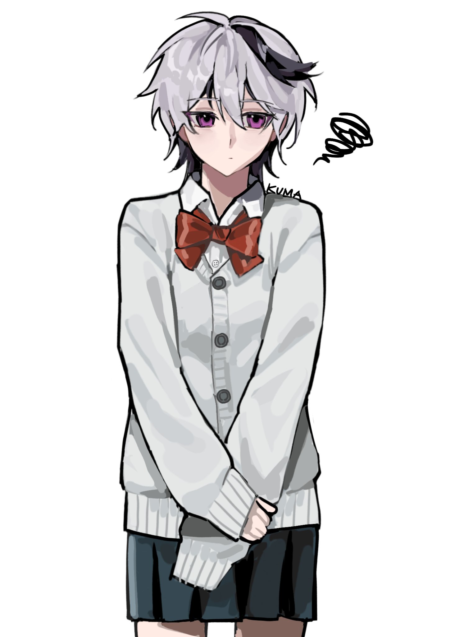 flower (vocaloid), flower (vocaloid4), vocaloid, hashtag-only commentary, highres, 1girl, ahoge, artist name, black hair, black skirt, bow, bowtie, buttons, cardigan, closed mouth, collared shirt, colored inner hair, cowboy shot, facing viewer, grey cardigan, hand on own arm, kumathebear12, long sleeves, looking to the side, miniskirt, multicolored hair, pleated skirt, puffy long sleeves, puffy sleeves, purple eyes, red bow, red bowtie, school uniform, shirt, short hair, simple background, skirt, sleeves past wrists, solo, squiggle, standing, straight-on, streaked hair, two-tone hair, white background, white hair, white shirt