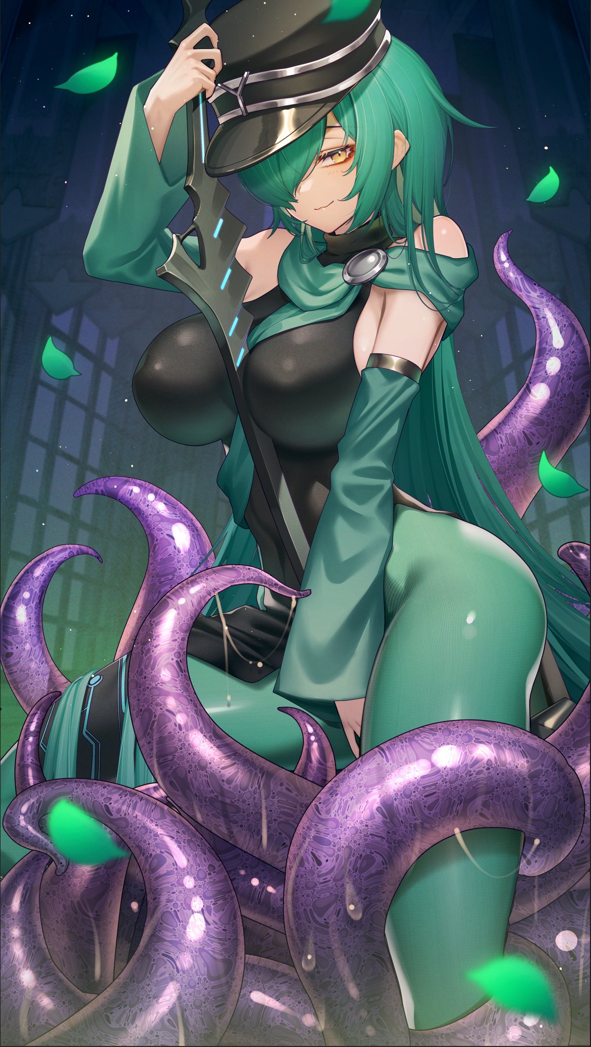 cluseller, original, highres, 1girl, black hat, breasts, closed mouth, detached sleeves, falling leaves, green hair, green sleeves, hair over one eye, hat, holding, holding sword, holding weapon, leaf, long hair, solo, sword, sword between breasts, tentacles, weapon, yellow eyes