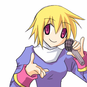 sakakura (sariri), priest (ragnarok online), macross, macross frontier, ragnarok online, animated, animated gif, lowres, 1girl, blonde hair, female focus, m/, microphone, one eye closed, parody, priest, red eyes, solo, star (symbol), wink, winking (animated)